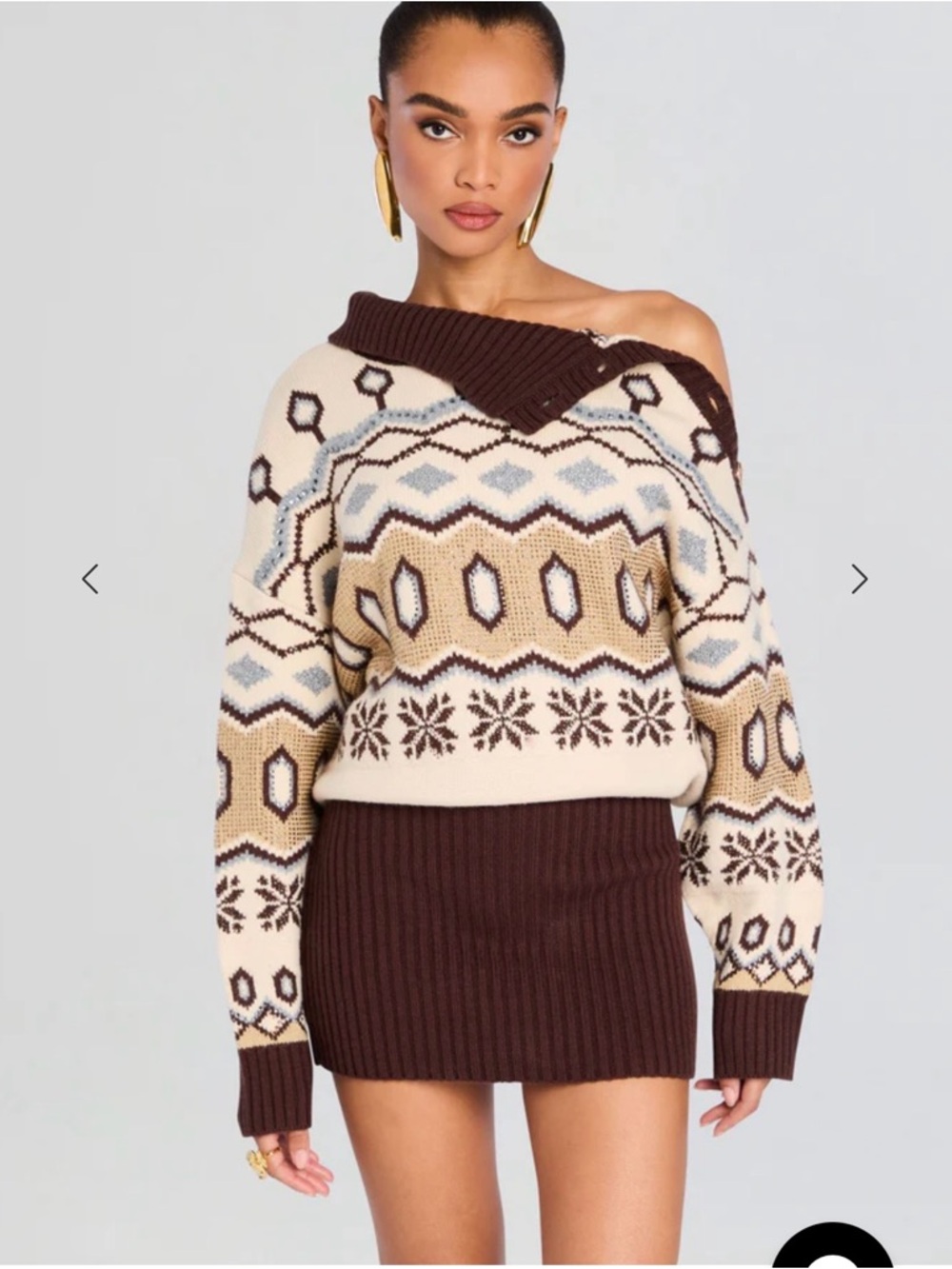 Retrofete Off-Shoulder Fair Isle Sweater in Cream, Brown and Light Blue